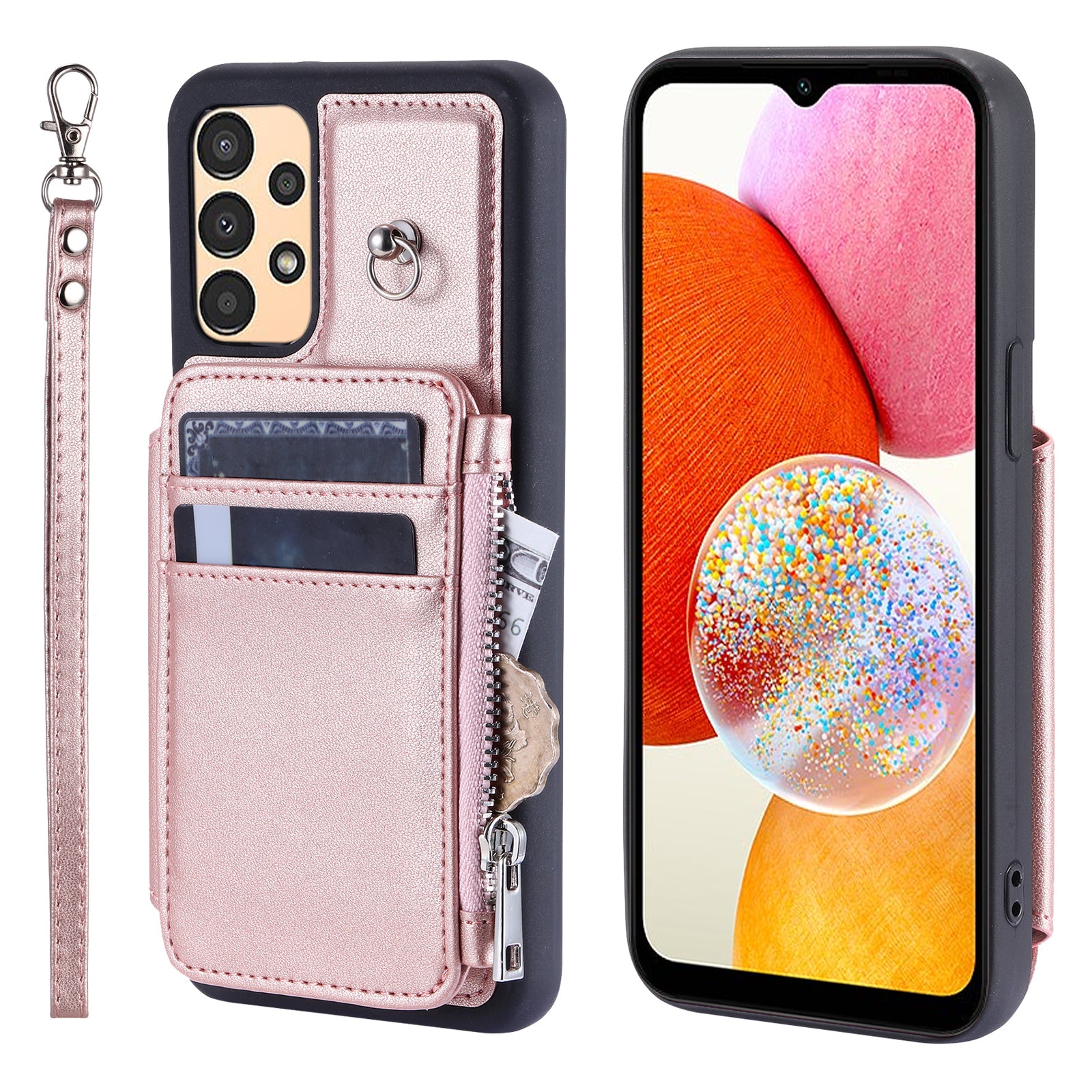 009 Phone Case for Samsung Galaxy A14 4G / 5G , RFID Blocking PU+TPU Anti-drop Cover Kickstand Zipper Wallet Shell with Strap