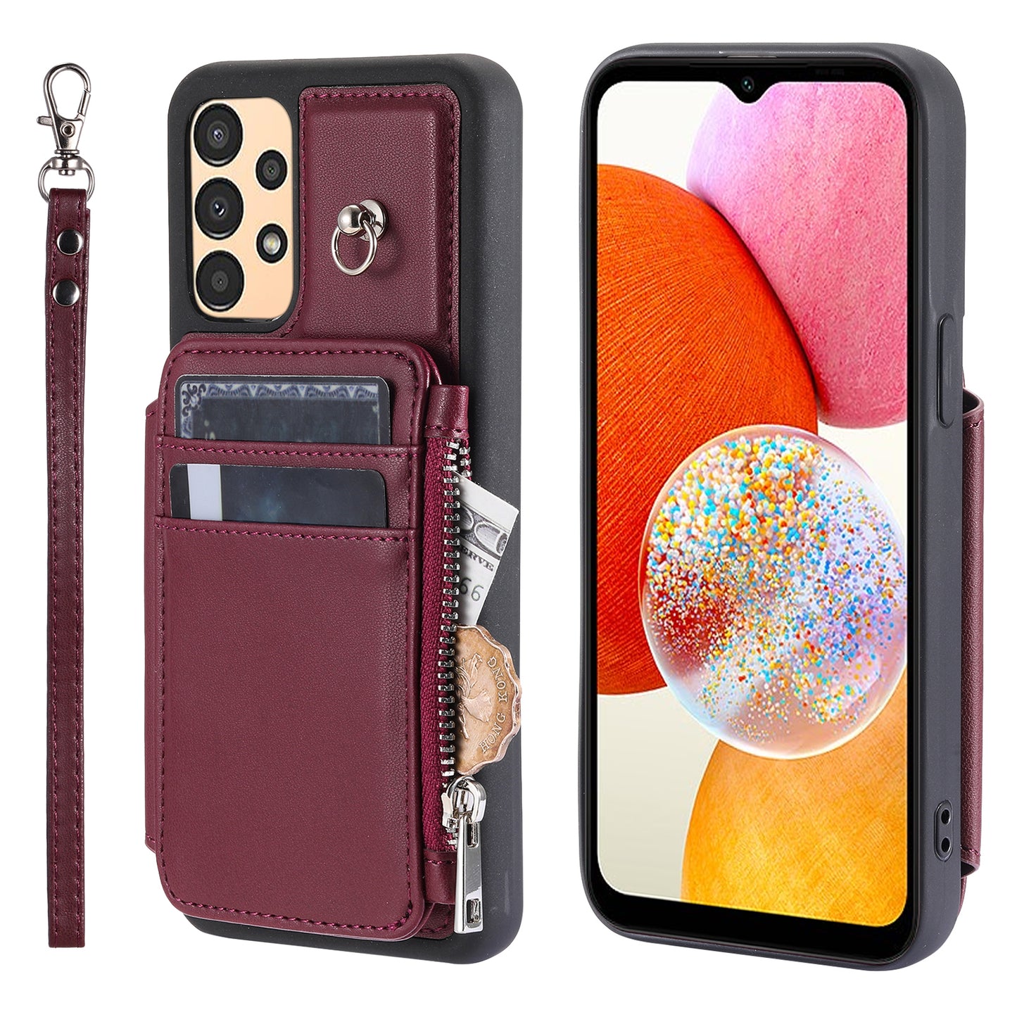 009 Phone Case for Samsung Galaxy A14 4G / 5G , RFID Blocking PU+TPU Anti-drop Cover Kickstand Zipper Wallet Shell with Strap