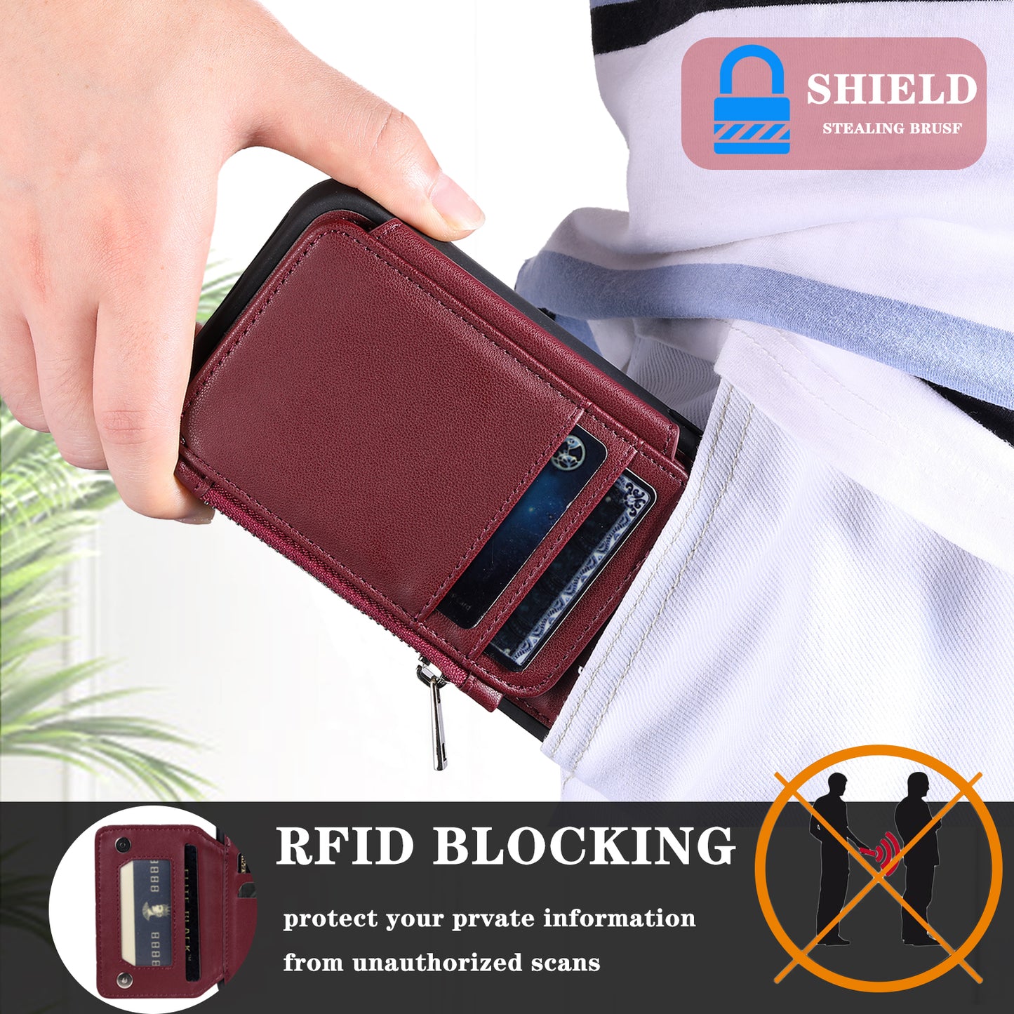 009 Phone Case for Samsung Galaxy A14 4G / 5G , RFID Blocking PU+TPU Anti-drop Cover Kickstand Zipper Wallet Shell with Strap