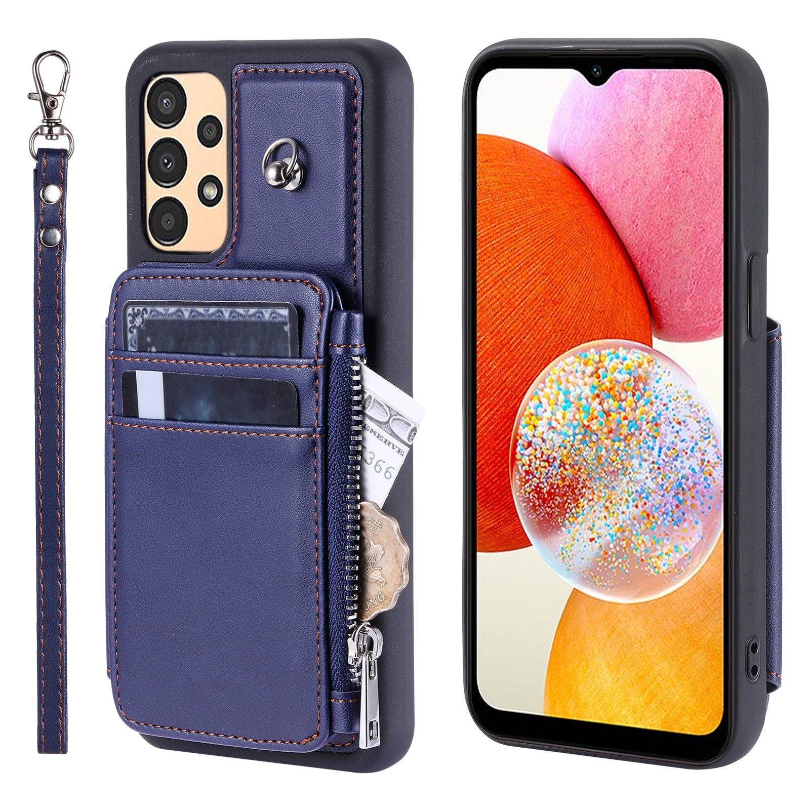 009 Phone Case for Samsung Galaxy A14 4G / 5G , RFID Blocking PU+TPU Anti-drop Cover Kickstand Zipper Wallet Shell with Strap