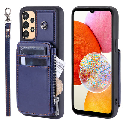 009 Phone Case for Samsung Galaxy A14 4G / 5G , RFID Blocking PU+TPU Anti-drop Cover Kickstand Zipper Wallet Shell with Strap