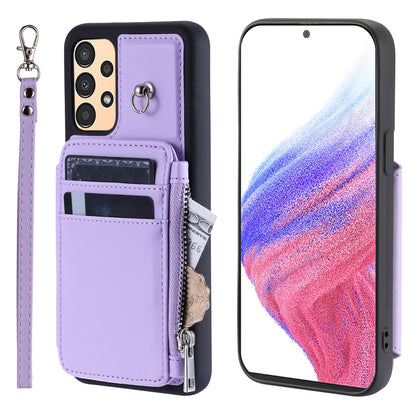009 Anti-scratch Phone Case for Samsung Galaxy A13 4G / 5G , RFID Blocking PU+TPU Cover Kickstand Zipper Wallet Shell with Strap