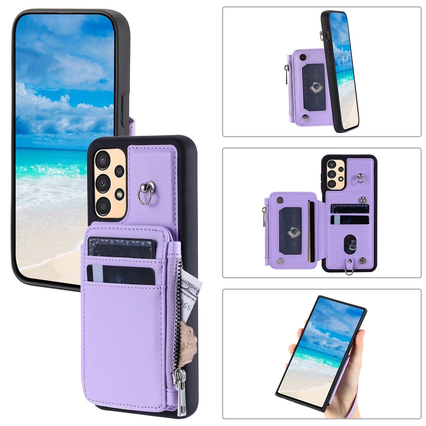 009 Anti-scratch Phone Case for Samsung Galaxy A13 4G / 5G , RFID Blocking PU+TPU Cover Kickstand Zipper Wallet Shell with Strap