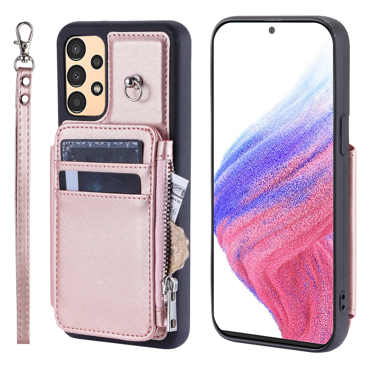 009 Anti-scratch Phone Case for Samsung Galaxy A13 4G / 5G , RFID Blocking PU+TPU Cover Kickstand Zipper Wallet Shell with Strap