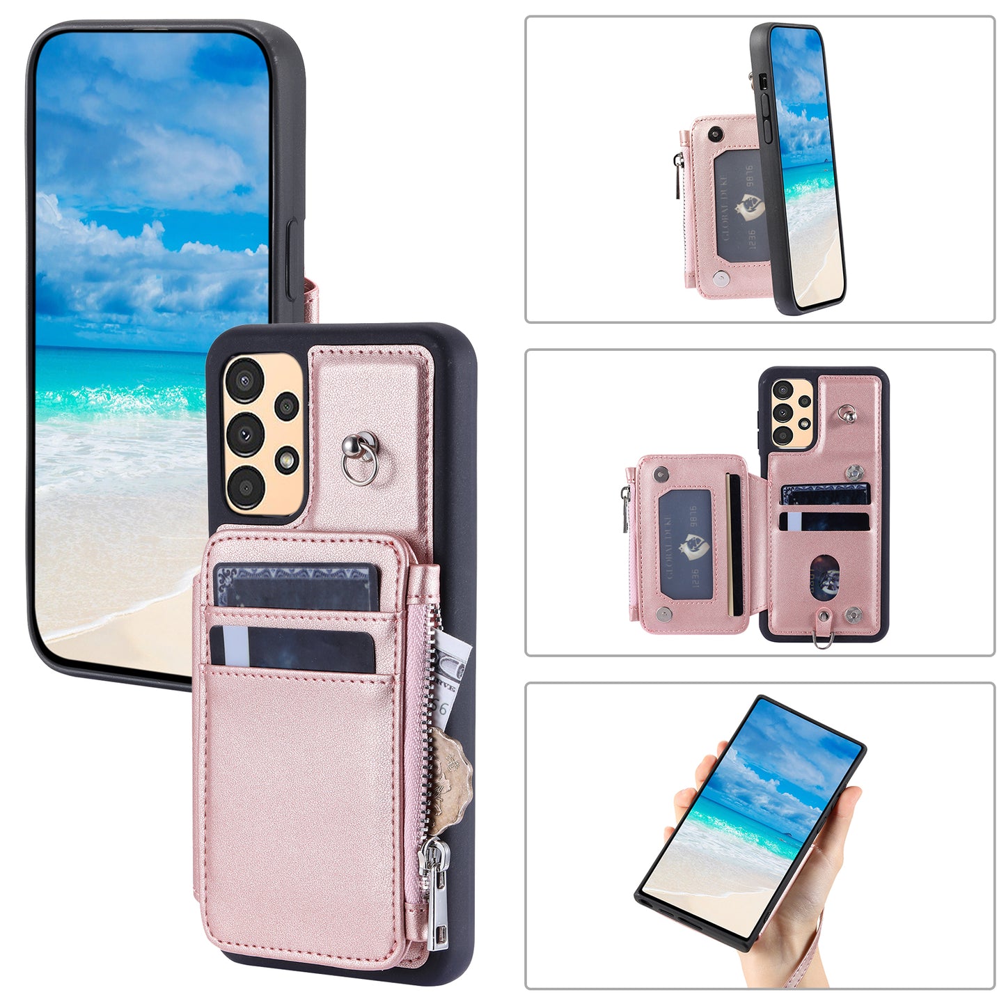 009 Anti-scratch Phone Case for Samsung Galaxy A13 4G / 5G , RFID Blocking PU+TPU Cover Kickstand Zipper Wallet Shell with Strap