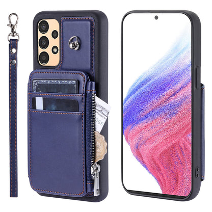 009 Anti-scratch Phone Case for Samsung Galaxy A13 4G / 5G , RFID Blocking PU+TPU Cover Kickstand Zipper Wallet Shell with Strap