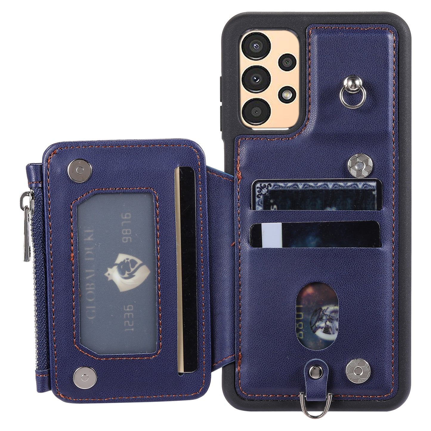 009 Anti-scratch Phone Case for Samsung Galaxy A13 4G / 5G , RFID Blocking PU+TPU Cover Kickstand Zipper Wallet Shell with Strap