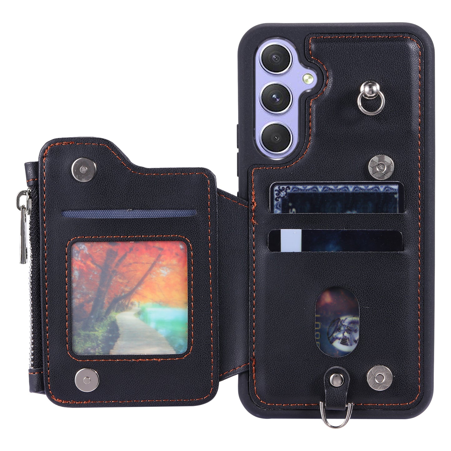 009 Phone Case for Samsung Galaxy A54 5G , RFID Blocking PU+TPU Bump Proof Cover Kickstand Zipper Wallet Shell with Strap