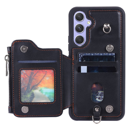 009 Phone Case for Samsung Galaxy A54 5G , RFID Blocking PU+TPU Bump Proof Cover Kickstand Zipper Wallet Shell with Strap