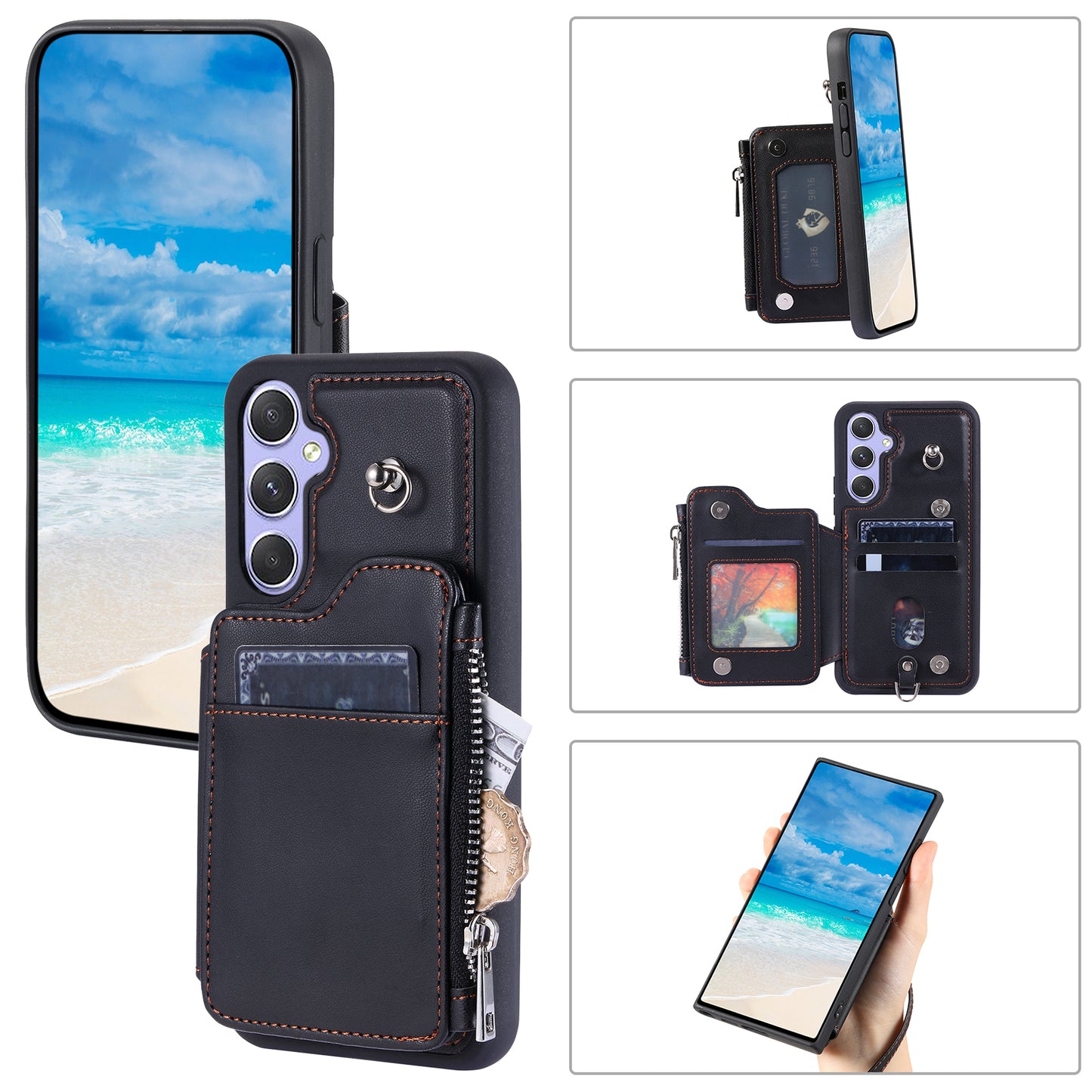 009 Phone Case for Samsung Galaxy A54 5G , RFID Blocking PU+TPU Bump Proof Cover Kickstand Zipper Wallet Shell with Strap