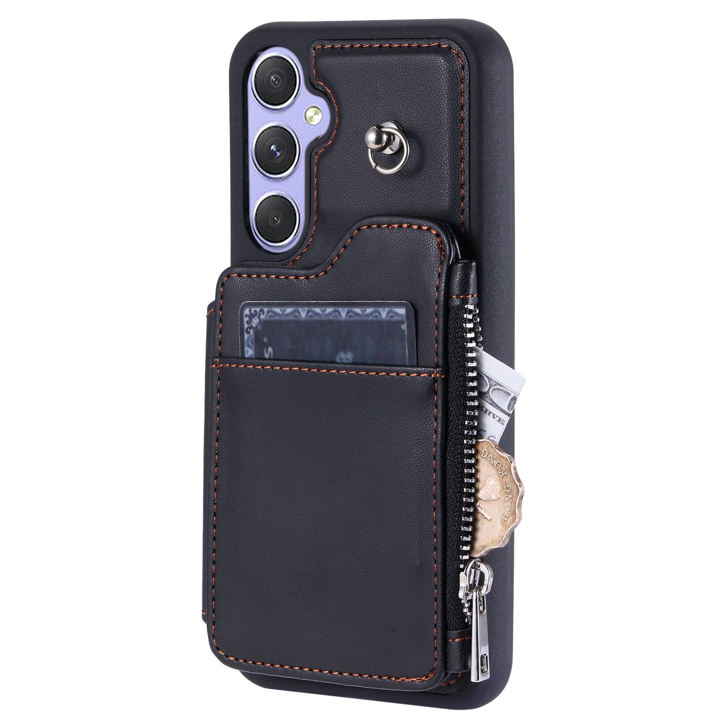 009 Phone Case for Samsung Galaxy A54 5G , RFID Blocking PU+TPU Bump Proof Cover Kickstand Zipper Wallet Shell with Strap