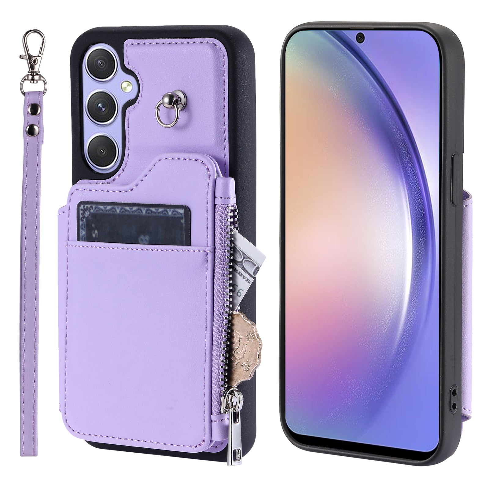 009 Phone Case for Samsung Galaxy A54 5G , RFID Blocking PU+TPU Bump Proof Cover Kickstand Zipper Wallet Shell with Strap