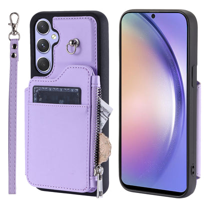 009 Phone Case for Samsung Galaxy A54 5G , RFID Blocking PU+TPU Bump Proof Cover Kickstand Zipper Wallet Shell with Strap