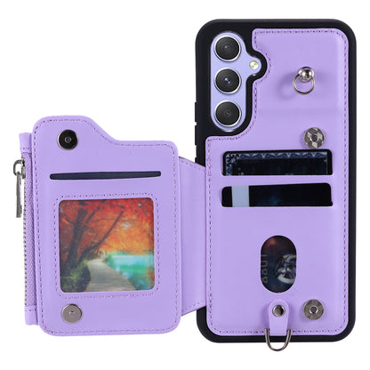 009 Phone Case for Samsung Galaxy A54 5G , RFID Blocking PU+TPU Bump Proof Cover Kickstand Zipper Wallet Shell with Strap