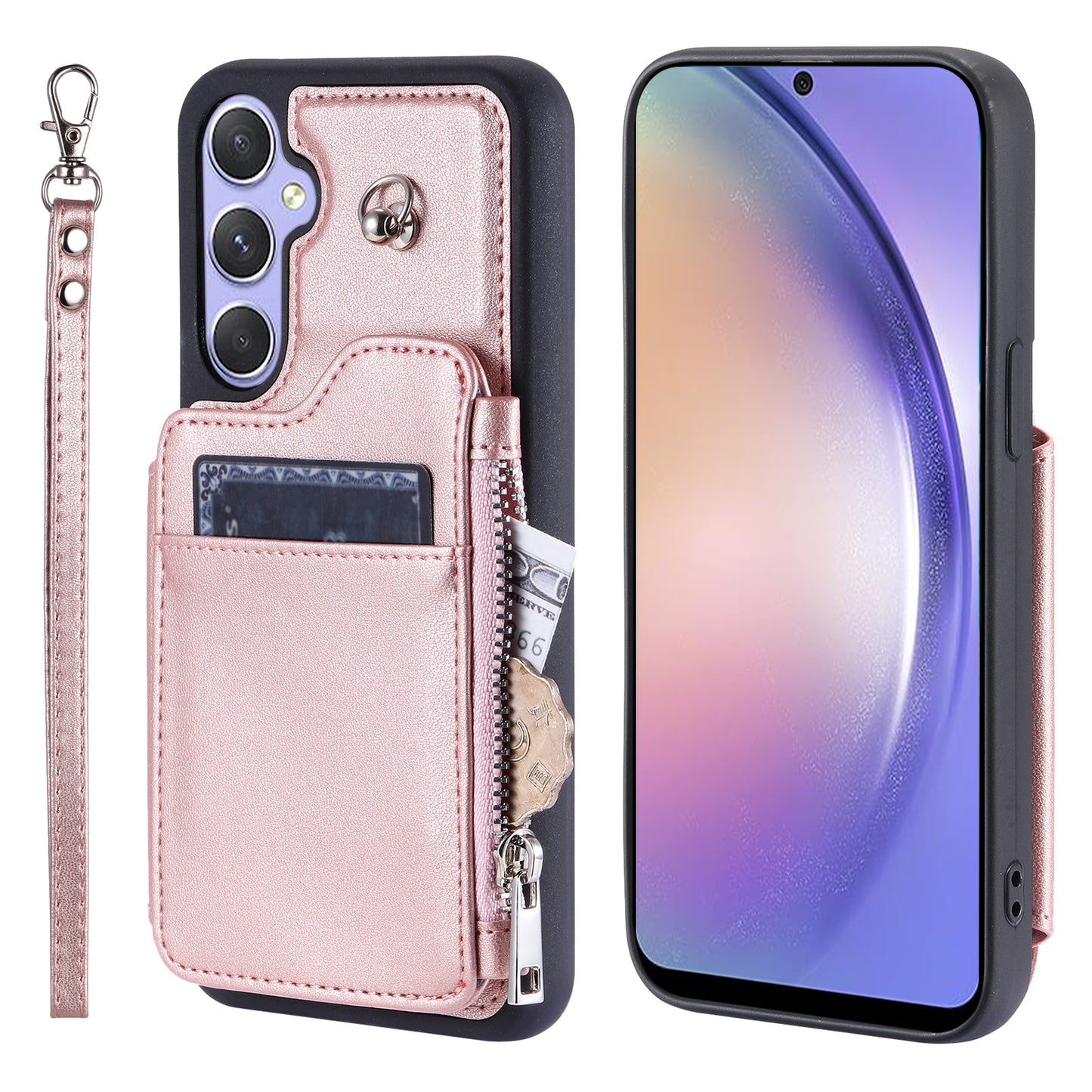 009 Phone Case for Samsung Galaxy A54 5G , RFID Blocking PU+TPU Bump Proof Cover Kickstand Zipper Wallet Shell with Strap