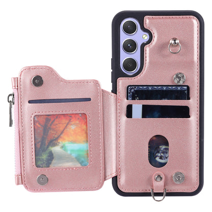 009 Phone Case for Samsung Galaxy A54 5G , RFID Blocking PU+TPU Bump Proof Cover Kickstand Zipper Wallet Shell with Strap