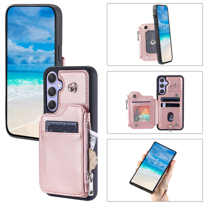 009 Phone Case for Samsung Galaxy A54 5G , RFID Blocking PU+TPU Bump Proof Cover Kickstand Zipper Wallet Shell with Strap