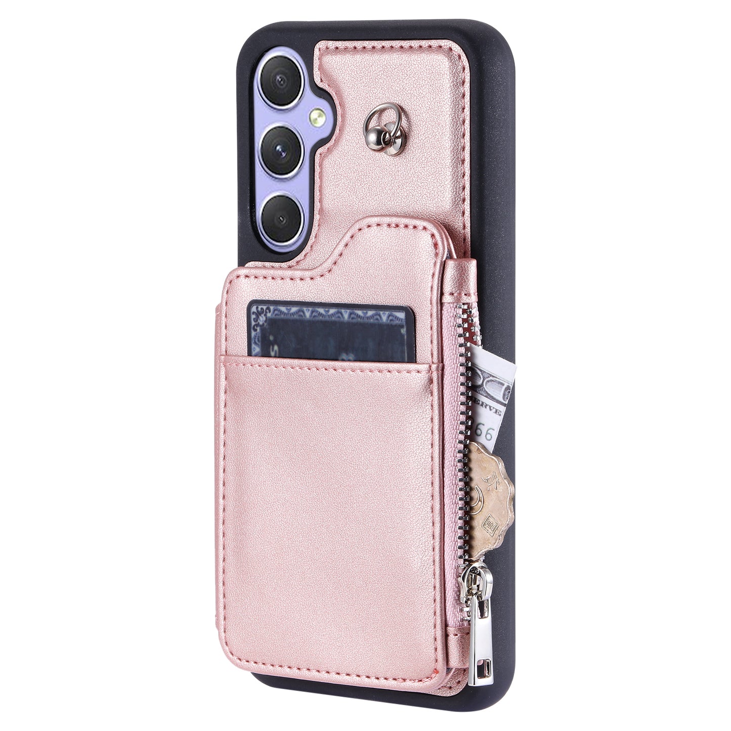 009 Phone Case for Samsung Galaxy A54 5G , RFID Blocking PU+TPU Bump Proof Cover Kickstand Zipper Wallet Shell with Strap