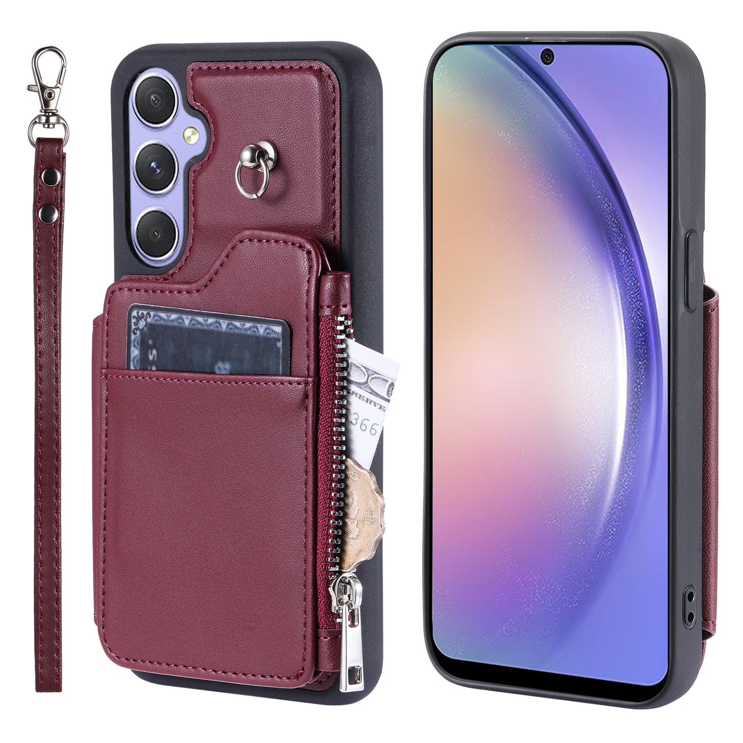 009 Phone Case for Samsung Galaxy A54 5G , RFID Blocking PU+TPU Bump Proof Cover Kickstand Zipper Wallet Shell with Strap