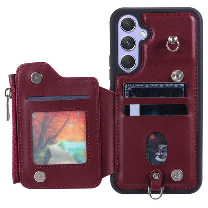 009 Phone Case for Samsung Galaxy A54 5G , RFID Blocking PU+TPU Bump Proof Cover Kickstand Zipper Wallet Shell with Strap