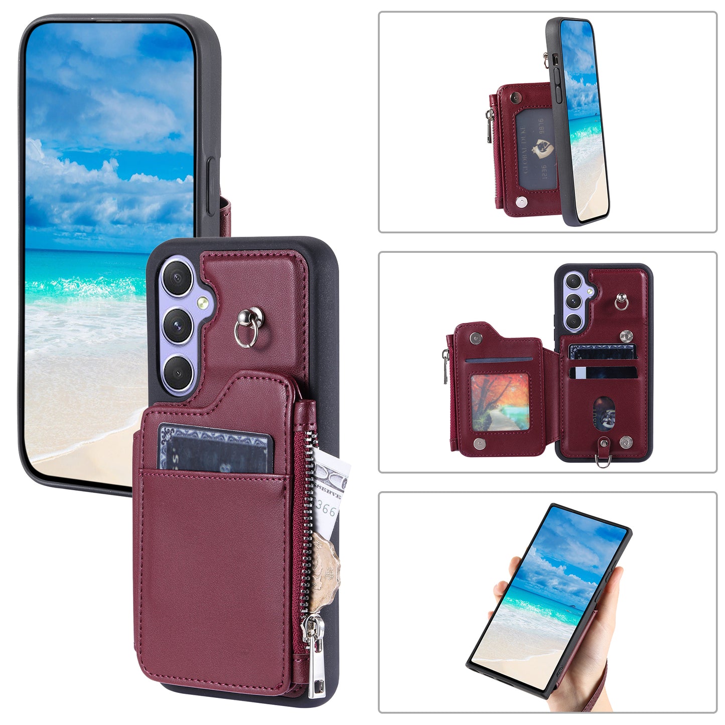 009 Phone Case for Samsung Galaxy A54 5G , RFID Blocking PU+TPU Bump Proof Cover Kickstand Zipper Wallet Shell with Strap
