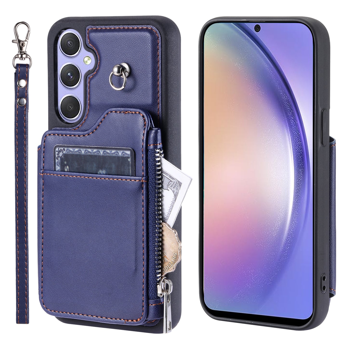 009 Phone Case for Samsung Galaxy A54 5G , RFID Blocking PU+TPU Bump Proof Cover Kickstand Zipper Wallet Shell with Strap