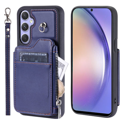 009 Phone Case for Samsung Galaxy A54 5G , RFID Blocking PU+TPU Bump Proof Cover Kickstand Zipper Wallet Shell with Strap