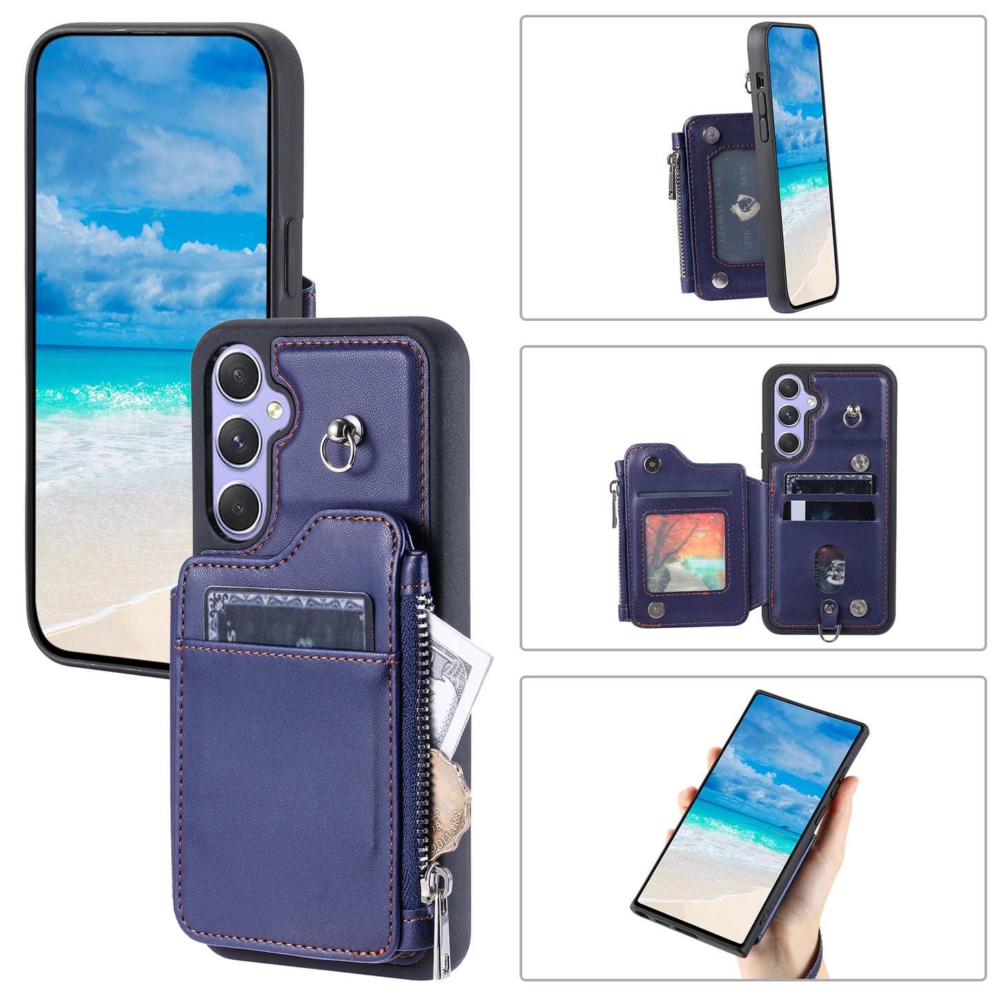 009 Phone Case for Samsung Galaxy A54 5G , RFID Blocking PU+TPU Bump Proof Cover Kickstand Zipper Wallet Shell with Strap