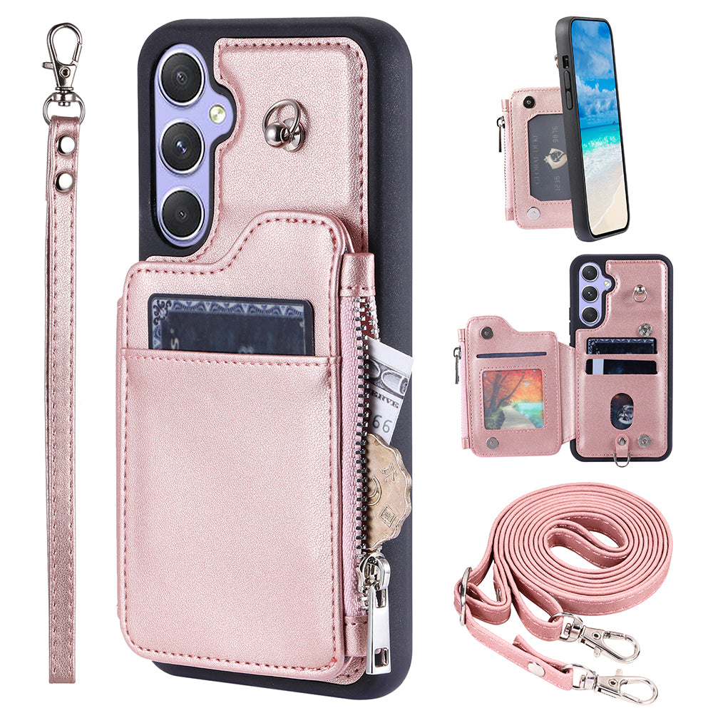 009 For Samsung Galaxy A54 5G RFID Blocking Zipper Wallet Protective Case PU Leather+TPU Kickstand Phone Cover with Straps