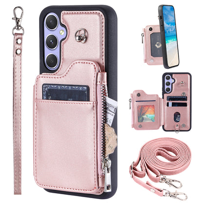 009 For Samsung Galaxy A54 5G RFID Blocking Zipper Wallet Protective Case PU Leather+TPU Kickstand Phone Cover with Straps