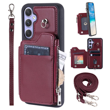 009 For Samsung Galaxy A54 5G RFID Blocking Zipper Wallet Protective Case PU Leather+TPU Kickstand Phone Cover with Straps