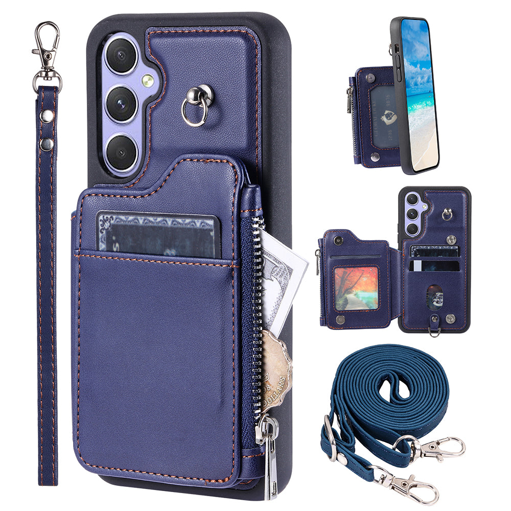 009 For Samsung Galaxy A54 5G RFID Blocking Zipper Wallet Protective Case PU Leather+TPU Kickstand Phone Cover with Straps