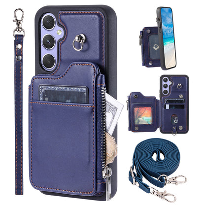 009 For Samsung Galaxy A54 5G RFID Blocking Zipper Wallet Protective Case PU Leather+TPU Kickstand Phone Cover with Straps