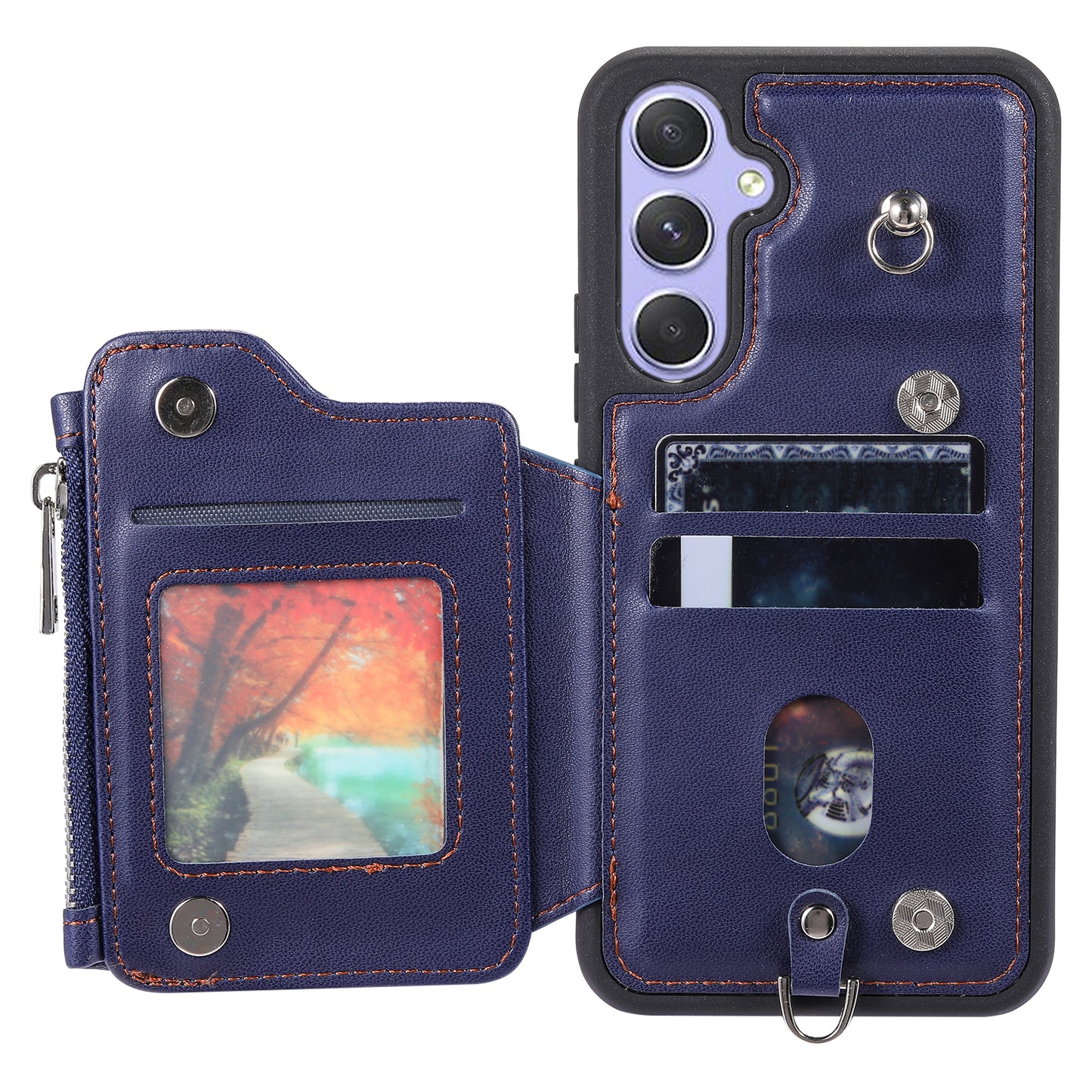 009 For Samsung Galaxy A54 5G RFID Blocking Zipper Wallet Protective Case PU Leather+TPU Kickstand Phone Cover with Straps