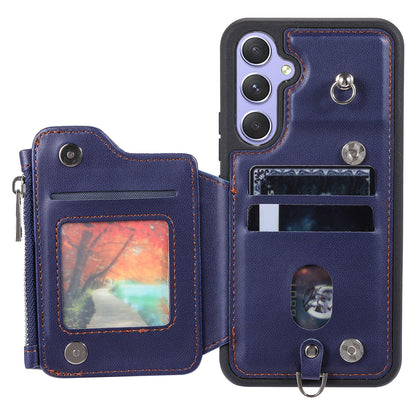 009 For Samsung Galaxy A54 5G RFID Blocking Zipper Wallet Protective Case PU Leather+TPU Kickstand Phone Cover with Straps