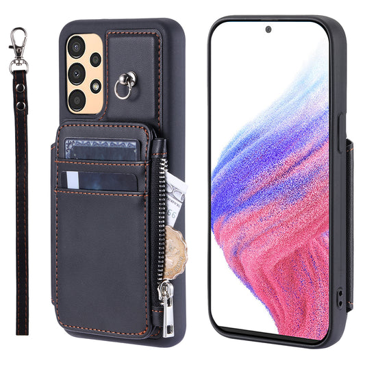 009 Shockproof Phone Case for Samsung Galaxy A53 5G , RFID Blocking PU+TPU Cover Kickstand Zipper Wallet Shell with Strap