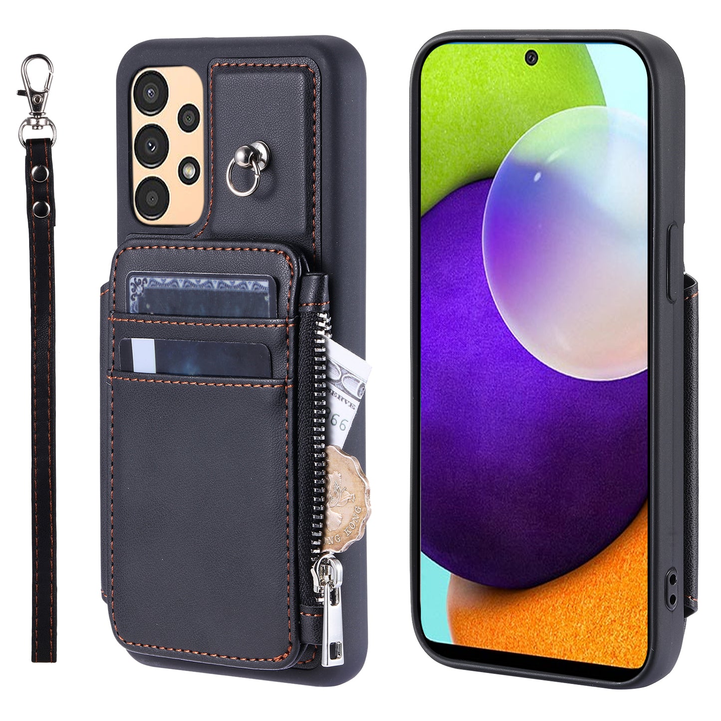 009 For Samsung Galaxy A52 4G / A52 5G / 52s 5G RFID Blocking Phone Case PU+TPU Cover Kickstand Zipper Wallet Shell with Strap