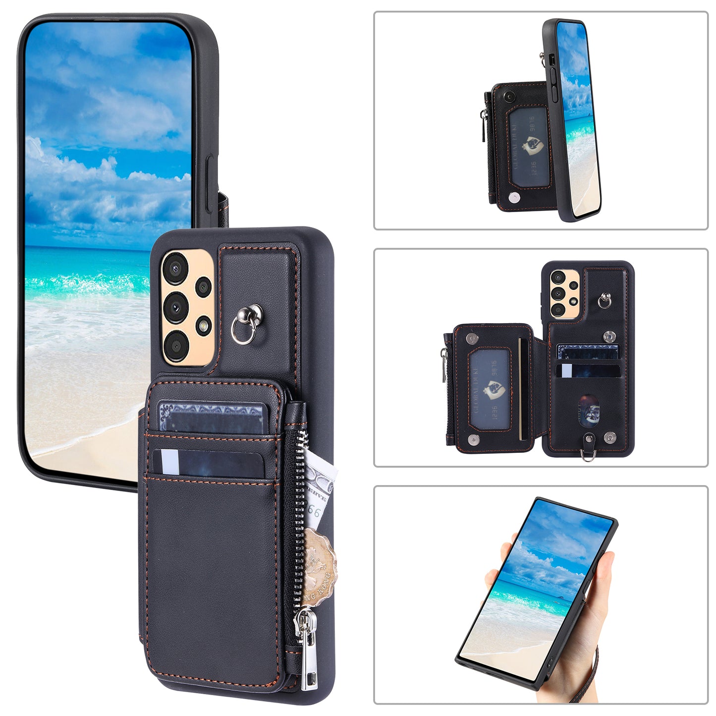 009 For Samsung Galaxy A52 4G / A52 5G / 52s 5G RFID Blocking Phone Case PU+TPU Cover Kickstand Zipper Wallet Shell with Strap