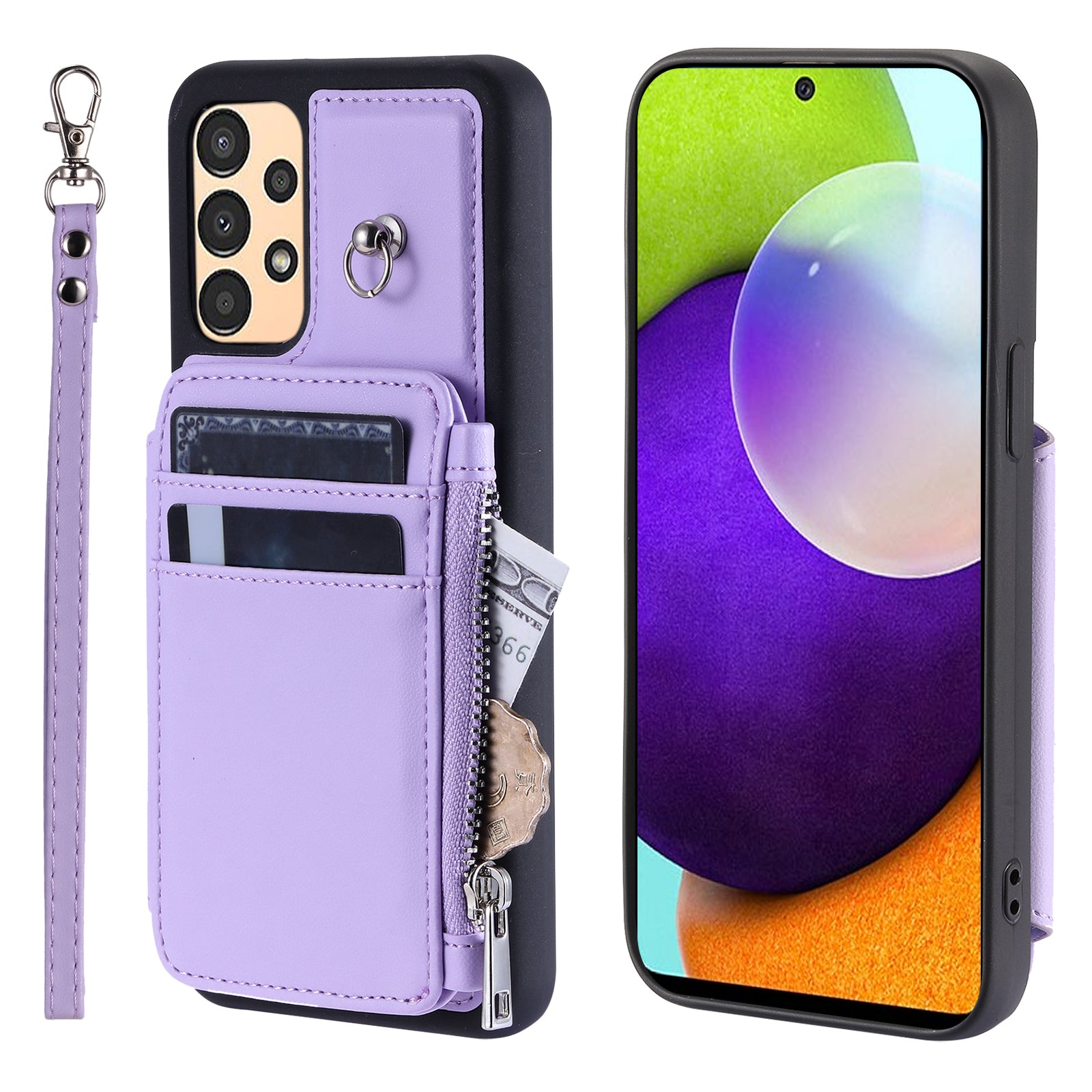 009 For Samsung Galaxy A52 4G / A52 5G / 52s 5G RFID Blocking Phone Case PU+TPU Cover Kickstand Zipper Wallet Shell with Strap