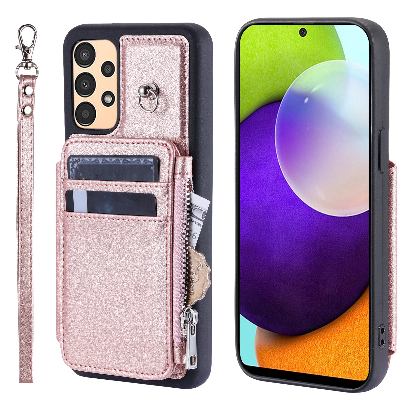 009 For Samsung Galaxy A52 4G / A52 5G / 52s 5G RFID Blocking Phone Case PU+TPU Cover Kickstand Zipper Wallet Shell with Strap