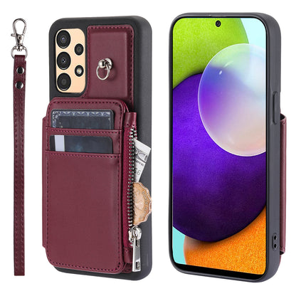 009 For Samsung Galaxy A52 4G / A52 5G / 52s 5G RFID Blocking Phone Case PU+TPU Cover Kickstand Zipper Wallet Shell with Strap