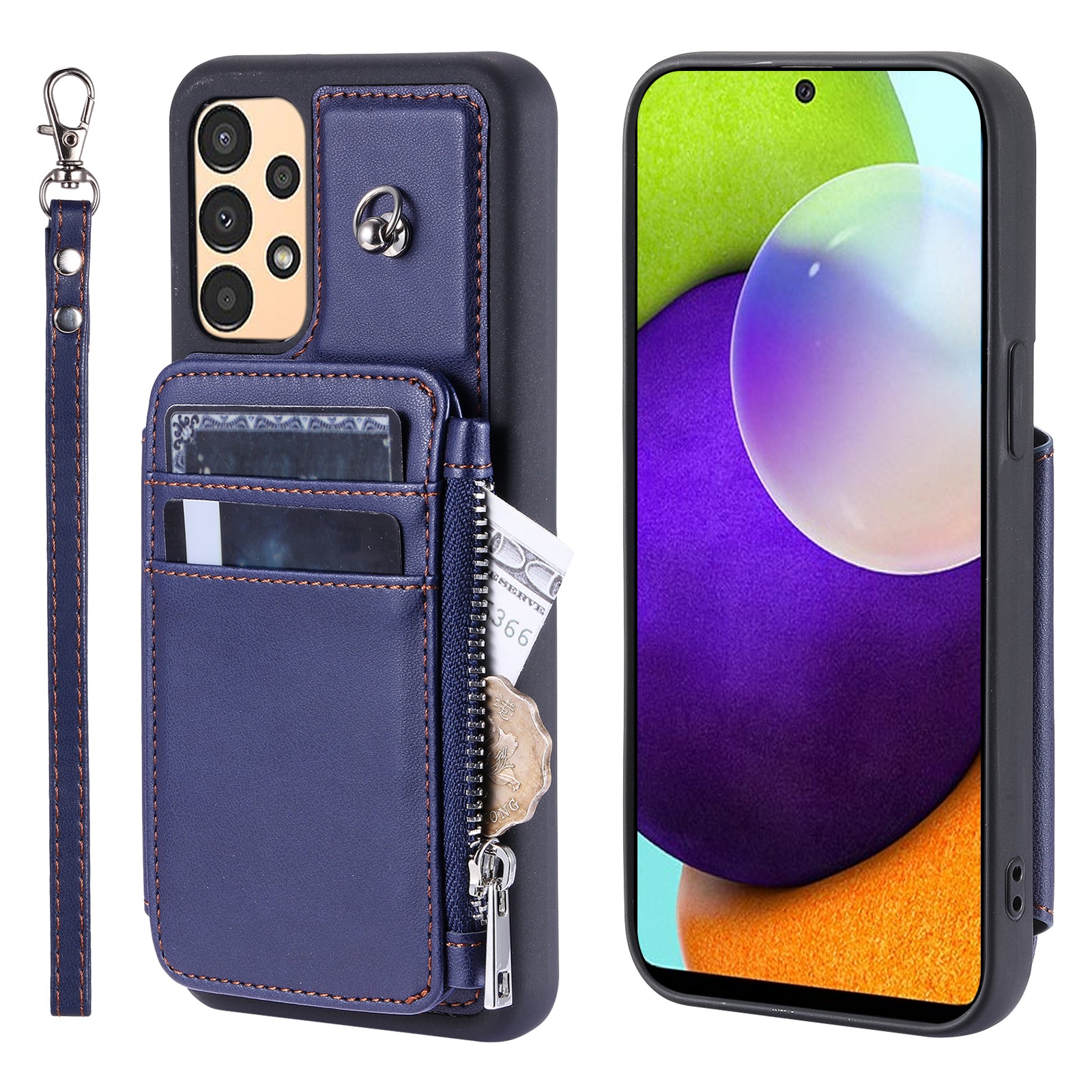 009 For Samsung Galaxy A52 4G / A52 5G / 52s 5G RFID Blocking Phone Case PU+TPU Cover Kickstand Zipper Wallet Shell with Strap