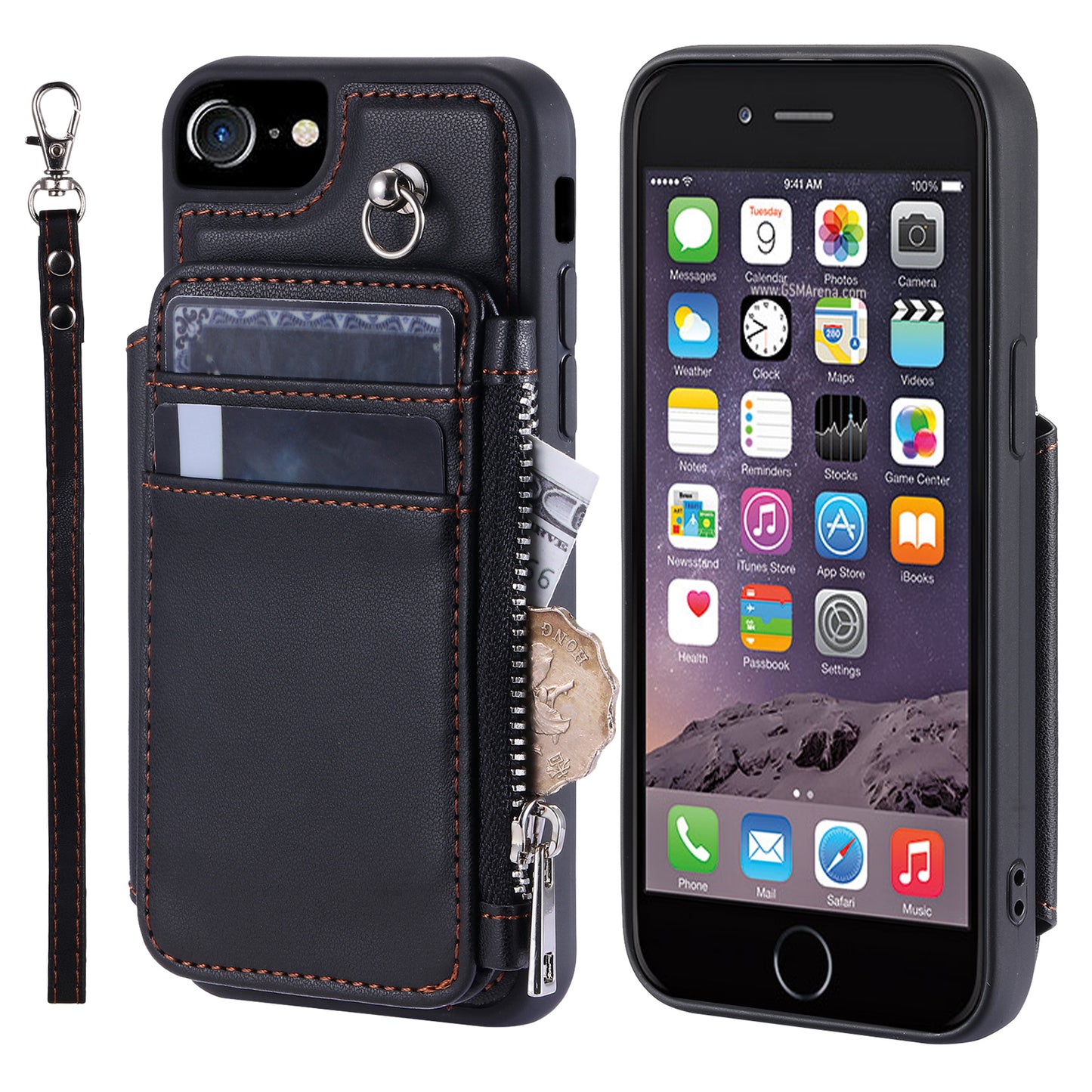 009 Cell Phone Back Case for iPhone 6 / 6s / 7 / 8 / SE (2020) / SE (2022) , RFID Blocking PU+TPU Cover Kickstand Zipper Wallet Shell with Strap
