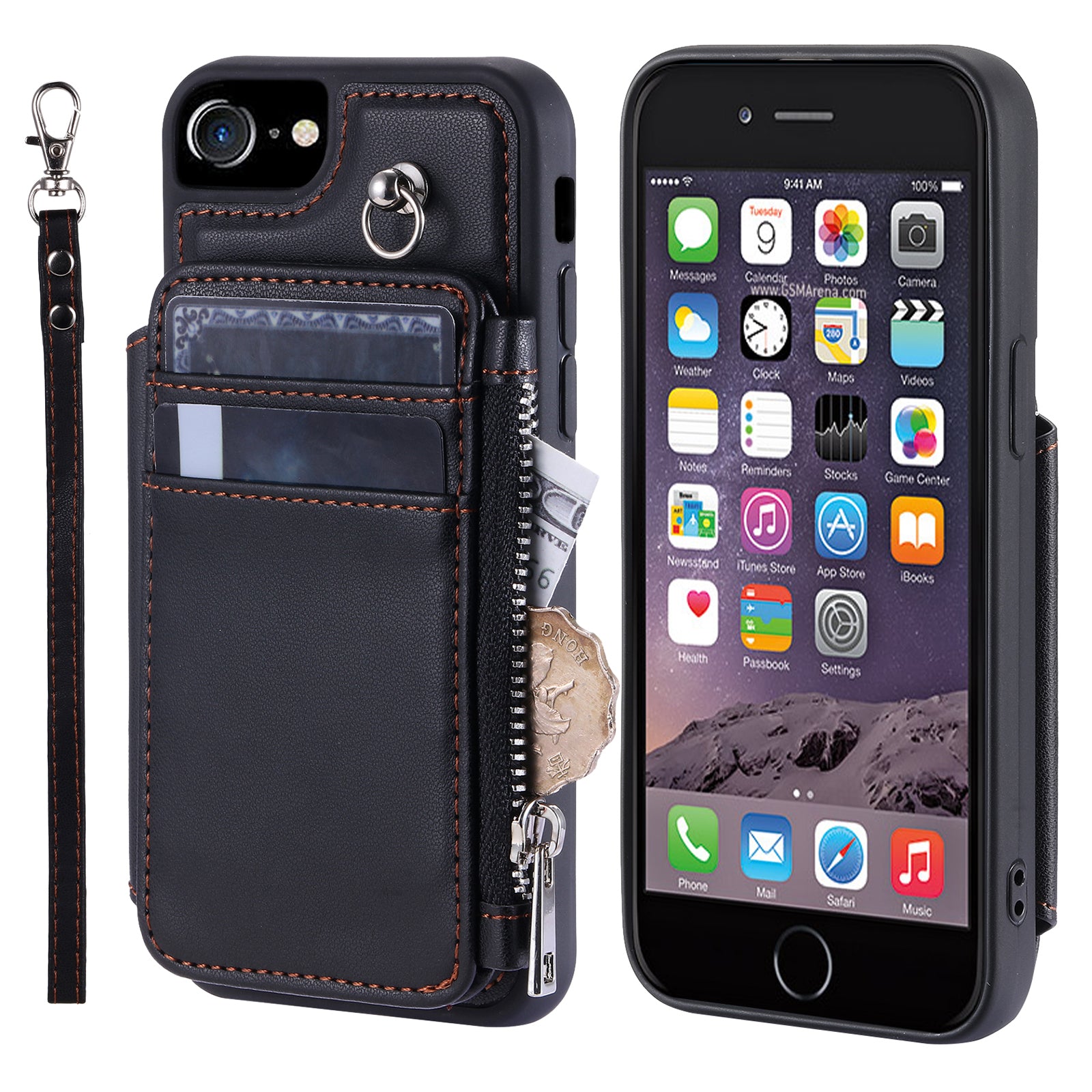 009 Cell Phone Back Case for iPhone 6 / 6s / 7 / 8 / SE (2020) / SE (2022) , RFID Blocking PU+TPU Cover Kickstand Zipper Wallet Shell with Strap