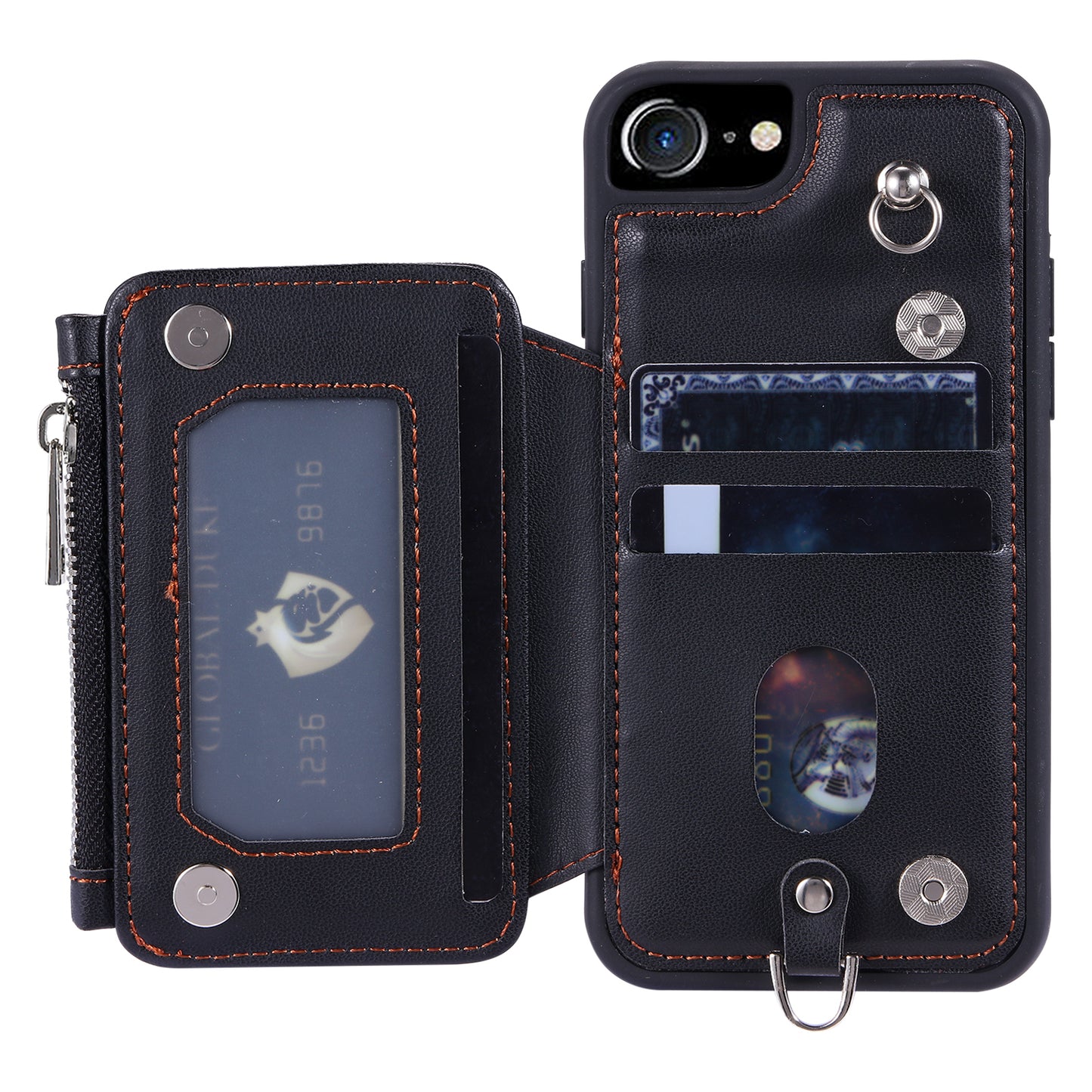 009 Cell Phone Back Case for iPhone 6 / 6s / 7 / 8 / SE (2020) / SE (2022) , RFID Blocking PU+TPU Cover Kickstand Zipper Wallet Shell with Strap