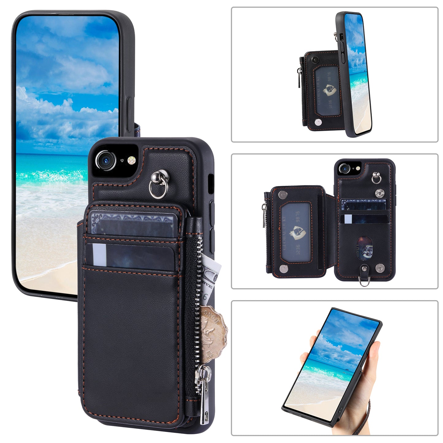 009 Cell Phone Back Case for iPhone 6 / 6s / 7 / 8 / SE (2020) / SE (2022) , RFID Blocking PU+TPU Cover Kickstand Zipper Wallet Shell with Strap