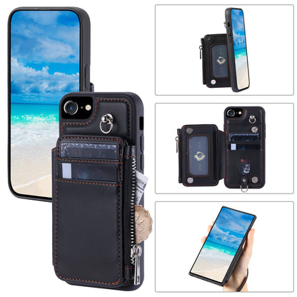 009 Cell Phone Back Case for iPhone 6 / 6s / 7 / 8 / SE (2020) / SE (2022) , RFID Blocking PU+TPU Cover Kickstand Zipper Wallet Shell with Strap