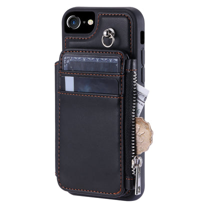 009 Cell Phone Back Case for iPhone 6 / 6s / 7 / 8 / SE (2020) / SE (2022) , RFID Blocking PU+TPU Cover Kickstand Zipper Wallet Shell with Strap