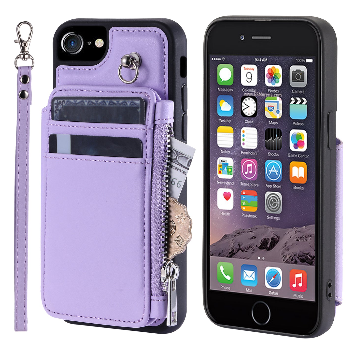 009 Cell Phone Back Case for iPhone 6 / 6s / 7 / 8 / SE (2020) / SE (2022) , RFID Blocking PU+TPU Cover Kickstand Zipper Wallet Shell with Strap