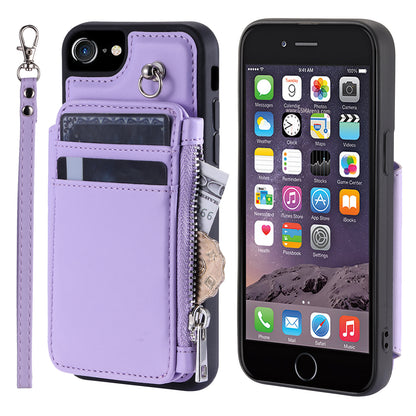 009 Cell Phone Back Case for iPhone 6 / 6s / 7 / 8 / SE (2020) / SE (2022) , RFID Blocking PU+TPU Cover Kickstand Zipper Wallet Shell with Strap